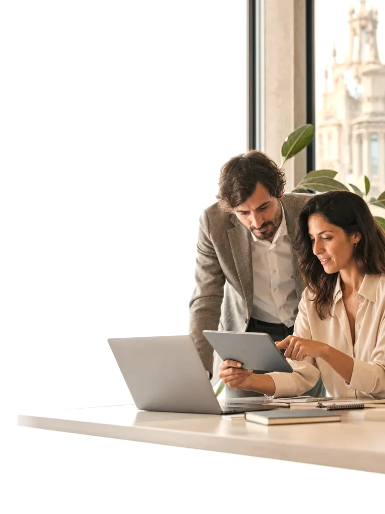 Dos profesionales de BeServices revisando licencias en una tablet